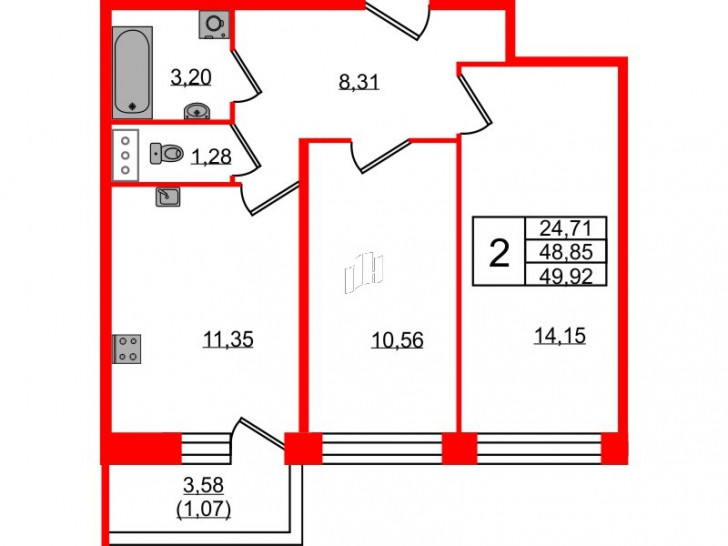 Двухкомнатная квартира 49.92 м²