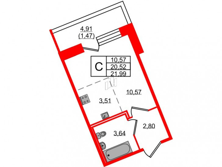 Студия 21.99 м²