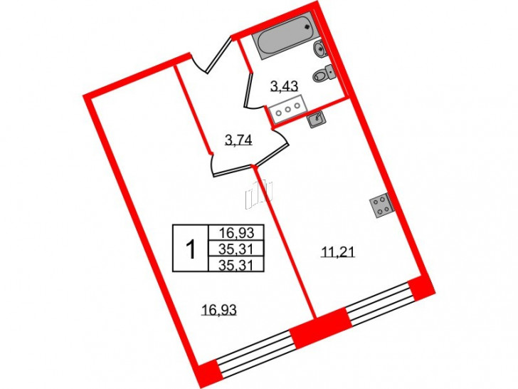Однокомнатная квартира 35.31 м²
