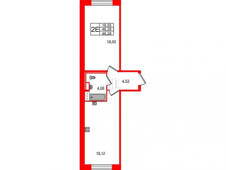 Однокомнатная квартира 46.28 м²