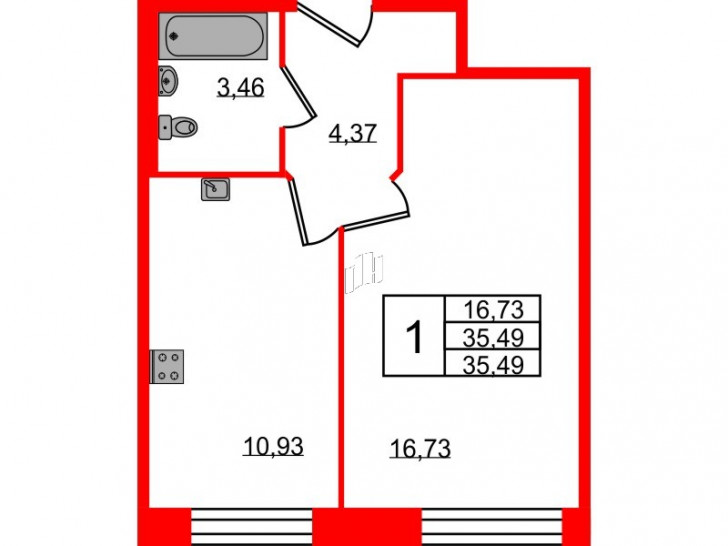 Однокомнатная квартира 35.49 м²