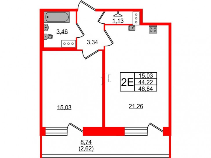 Однокомнатная квартира 46.84 м²