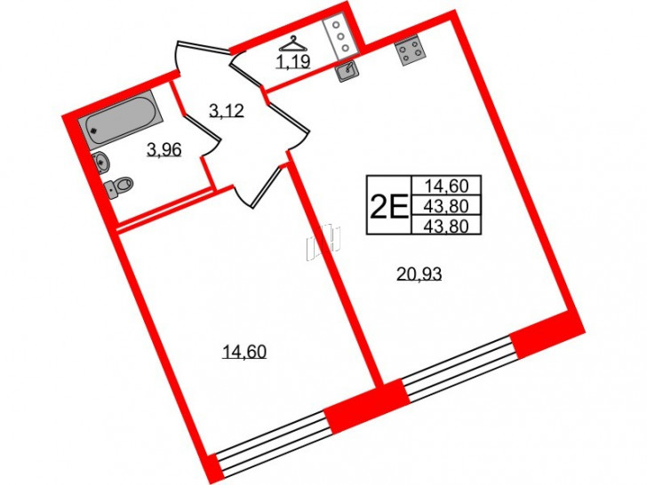 Однокомнатная квартира 43.8 м²