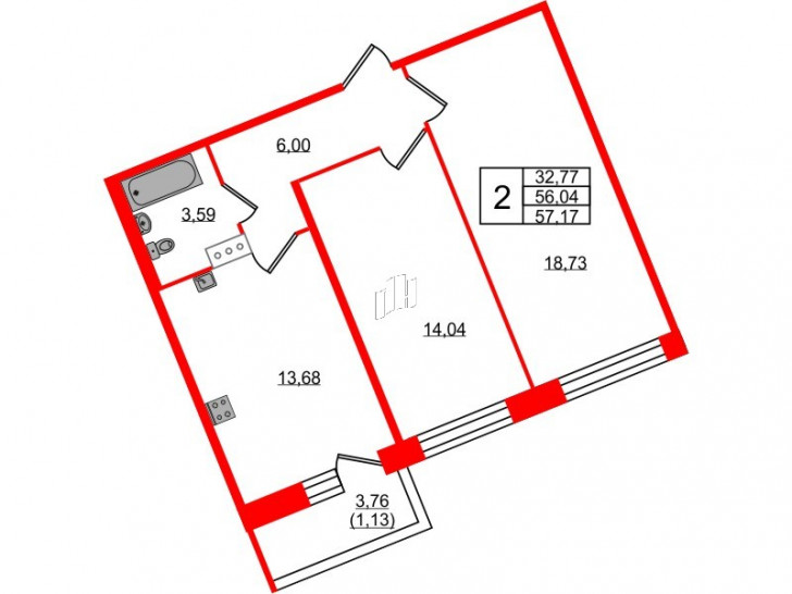 Двухкомнатная квартира 57.17 м²