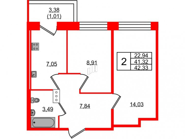 Двухкомнатная квартира 42.33 м²