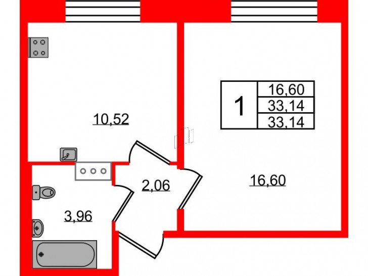 Однокомнатная квартира 33.14 м²