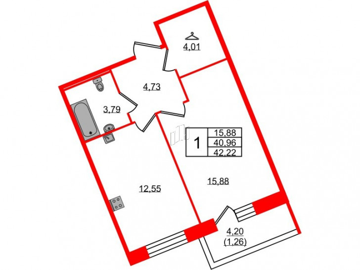 Однокомнатная квартира 42.22 м²