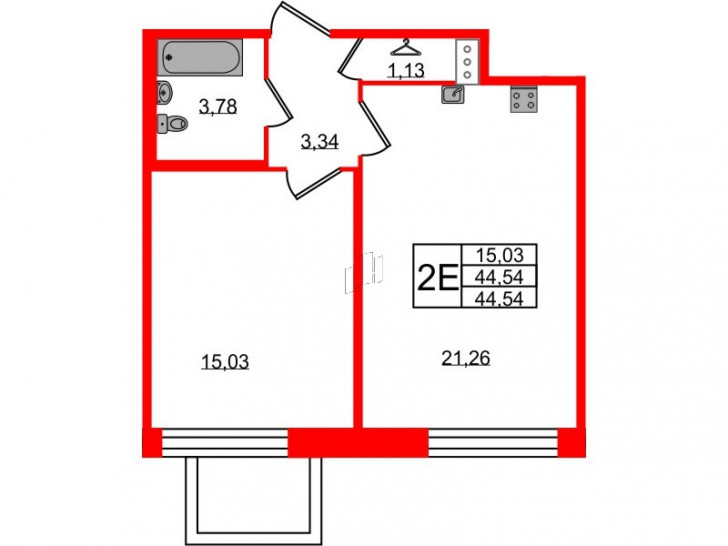 Однокомнатная квартира 44.54 м²