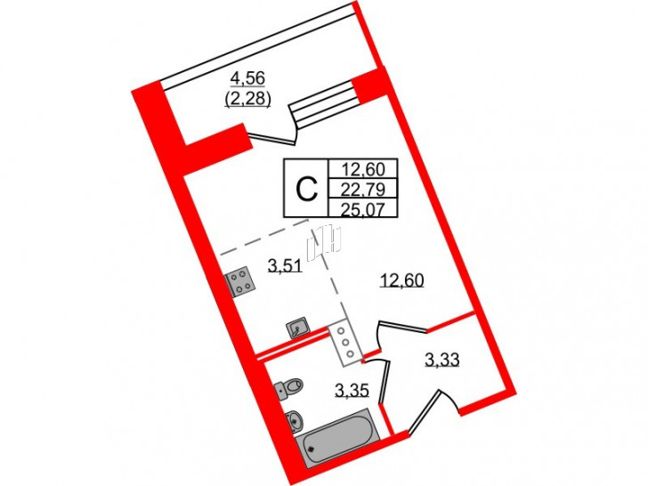 Студия 25.07 м²