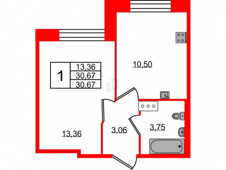 Однокомнатная квартира 30.67 м²