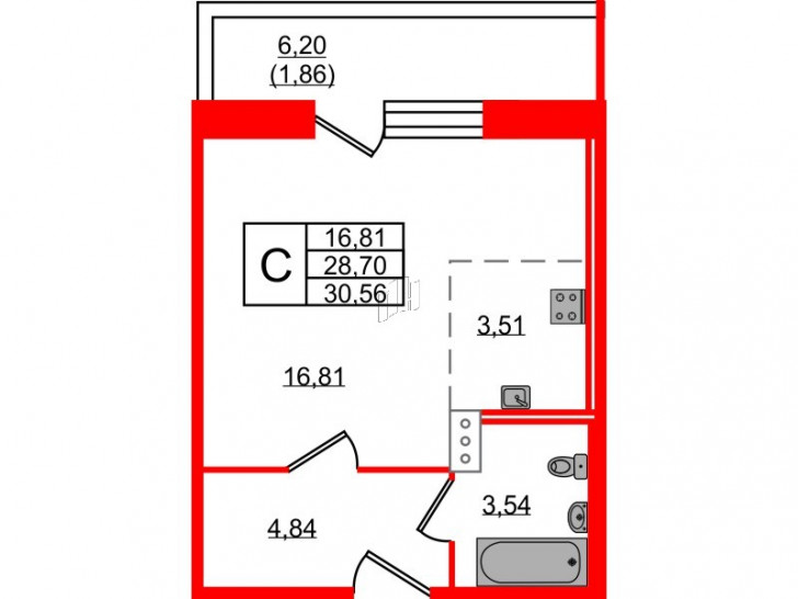 Студия 30.56 м²