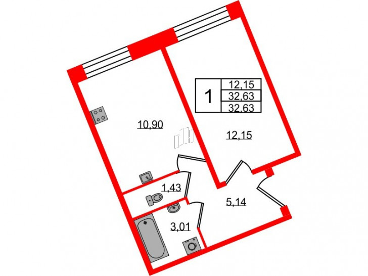 Однокомнатная квартира 32.63 м²