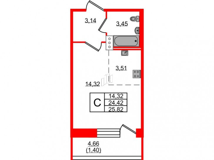 Студия 25.82 м²