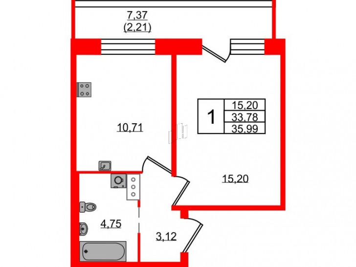 Однокомнатная квартира 35.99 м²