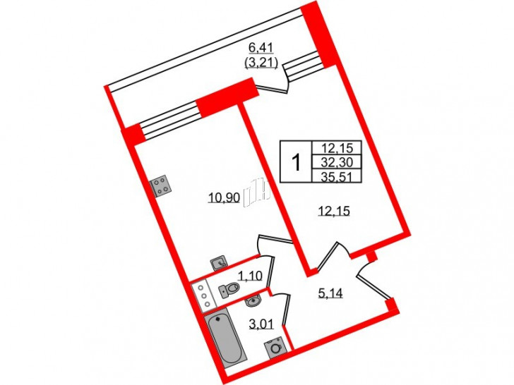 Однокомнатная квартира 35.51 м²