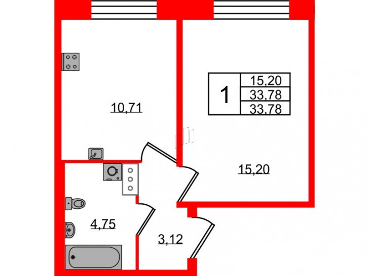 Однокомнатная квартира 33.78 м²