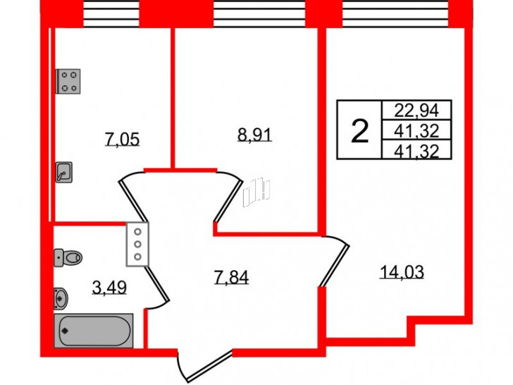 Двухкомнатная квартира 41.32 м²