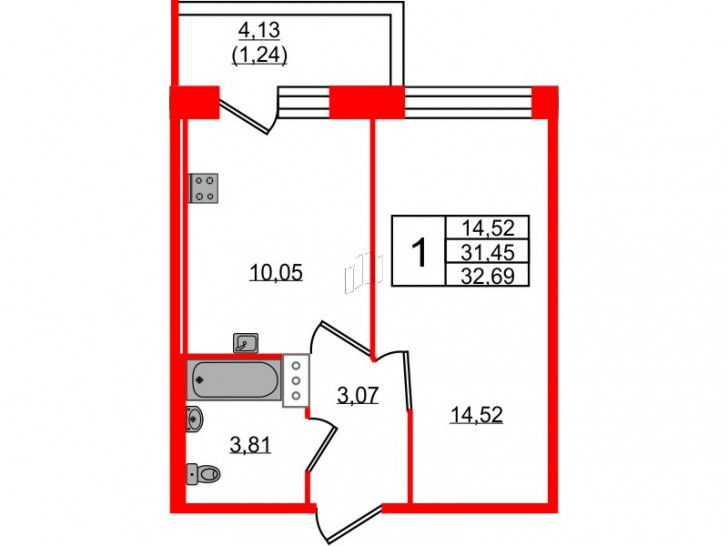 Однокомнатная квартира 32.69 м²